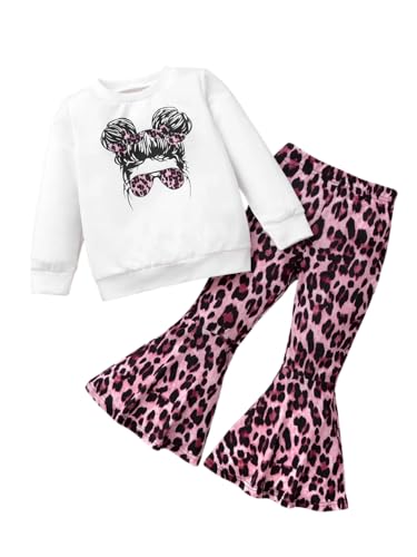 Image of KIDLAGA Toddler Girl Clothes Figure Graphic Drop Shoulder Top Pullover Leopard Print Flared Pants Fall Winter Outfit Set