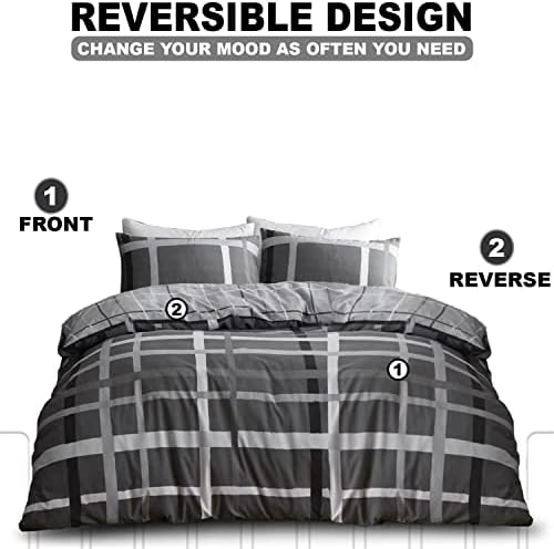 Lions 3 Piece Double Duvet Cover Set 200x200cm - Grey Checked Bedding With Matching Pillowcase, Ultra Soft Poly Cotton Bed Linen, Modern Reversible Plaid Quilt Covers, Silver