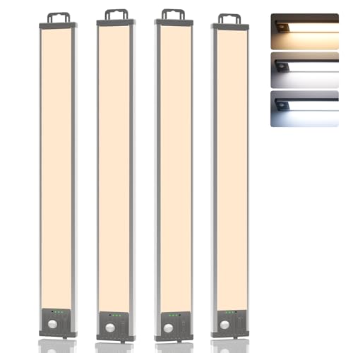 GOODEA 44.5CM Unterschrank Beleuchtung Küche - 76 LEDs 4500mAh Schrankbeleuchtung LED Bewegungssensor Aufladbar Unterbauleuchte, 3 Farbten Dimmbar Schrankleuchten für Küche Büro Schlafzimmer (4er Set)