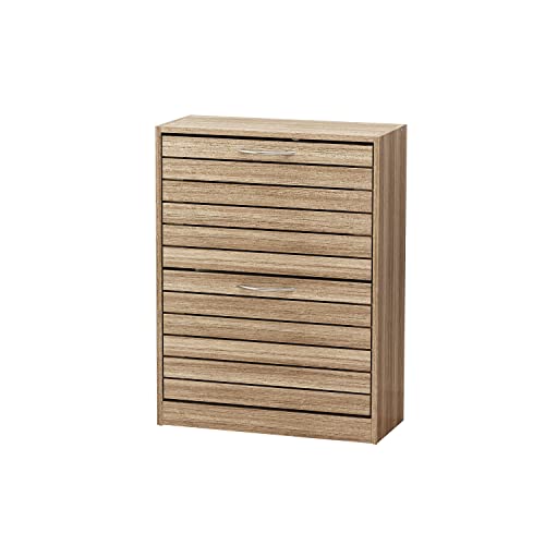 Kurzer Schuhschrank mit 2 Klappschubladen und Lamellentüren, Schuh-Organizer für Eingangsbereich, Flur und Schlafzimmer, braun Kurzer Schuhschrank mit 2 Klappschubladen und Lamellentüren, Schuh-Organizer für Eingangsbereich, Flur und Schlafzimmer, braun