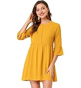 Allegra K Women's Babydoll Mini Dress Round Neck 3/4 Sleeve Ruffle Trim Flowy Short Dresses