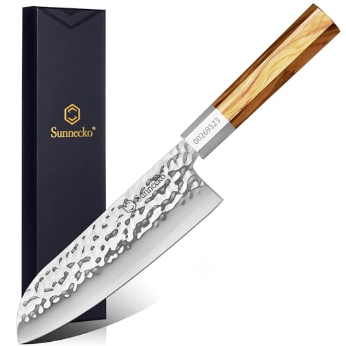 Sunnecko Japanese Santoku Knife for Kitchen - 7 Inch Professional Kitchen Knives with High Carbon Steel 440C Blade, Sharp Knife Octagon Olivewood Handle Asian Knives for Meat Cutting