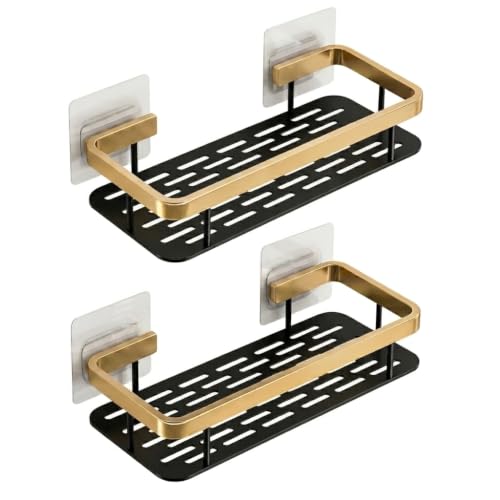 Image of Arto Wall Mounted Shelf | Self-Adhesive Aluminium Rack for Bathroom & Kitchen | Drill-Free, Rustproof, Heavy Duty Holder | 13x30x5.5 cm | Black /Gold (POF-2)