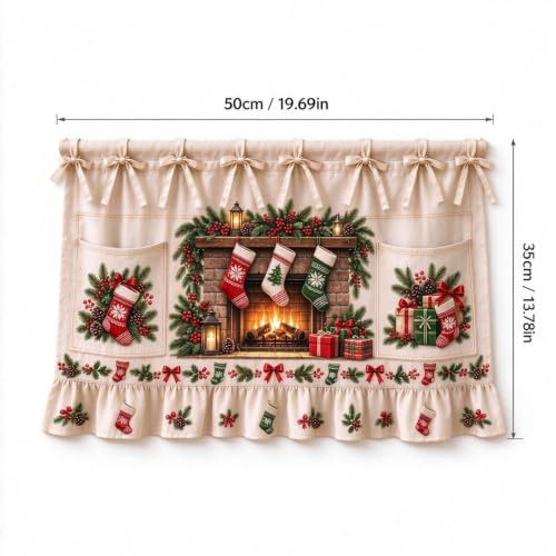 Aufmer Vintage Fireplace Print Christmas Oven Skirt Curtains W/ 2 Pockets - image 2