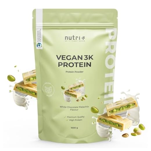 Nutri + Veganes Proteinpulver Weiße Schokolade Pistazie 1 kg - 76% Eiweiß - 3k Eiweißpulver - Protein Pulver Vegan 1000 g - White Chocolate