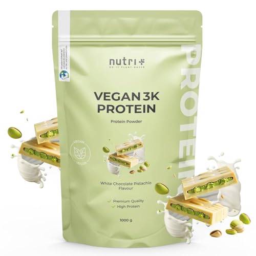 Nutri + Veganes Proteinpulver Weiße Schokolade Pistazie 1 kg - 76% Eiweiß - 3k Eiweißpulver - Protein Pulver Vegan 1000 g - White Chocolate