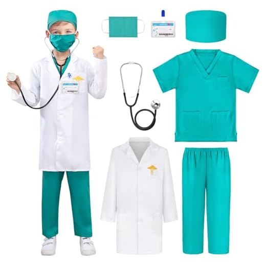 CLIUNT Disfraz Doctor niños, 6 Piezas Disfraz de Medico Niño, Disfrazs de médico infantil, Juego de Roles Disfrazs de Medico Bata para carnaval, cosplay para Niña Niños 5 6 7 8 9 10 años, 115-125cm