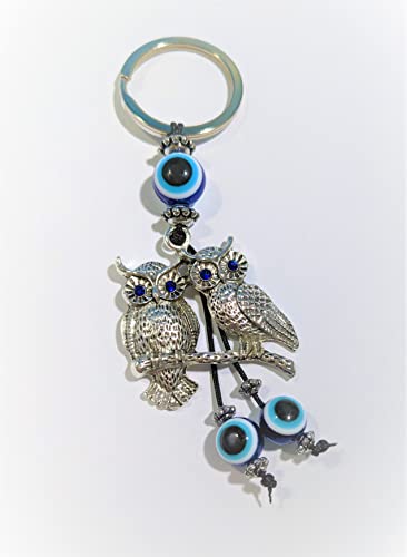 Two Owls Charm With Evil Eye Bead & Blue Crystal Eyes Keychain Ring - Sign Of Good Fortune, Good Luck & Blessing - Home, Bags & Car Rear View Mirror Hanging Accessories (2” X 4.5”) #TOP2