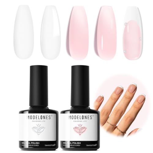 Image of modelones French Manicure Tip Gel Polish Set, 2Pcs 15ML White Jelly Pink Gel Nail Polish Kit Light Pink Milky White French Tip Nail Base Colors Soak Off LED DIY at Home Salon for Women