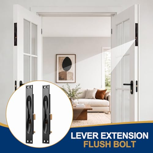 Image of Blulu 2 Pcs Solid Brass Extension Flush Bolt with Rod 11-3 /4 Inch, 1 inch W x 6-3 /4 inch H Flush Bolt for Metal Hollow Doors & Wood Doors, Black