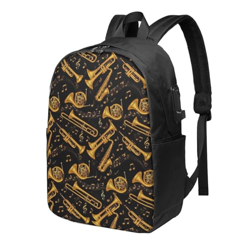 SWERDVPK Gold Trumpet Trombone French Horn Black USB Backpack Travel Casual Day Bag 12×6.5×17 Inch