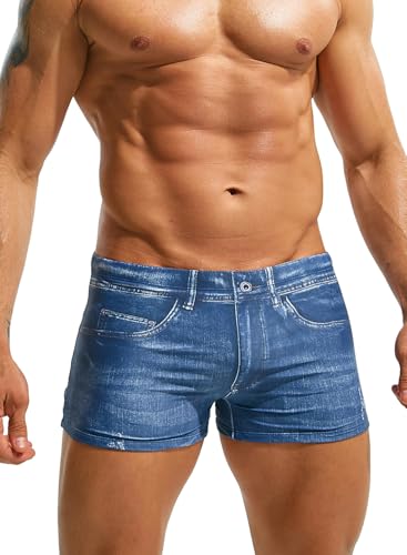 MIZOK Mens Denim Prints Swim Trunk Quick Dry Boxer Swimwear Square Leg Swimsuit