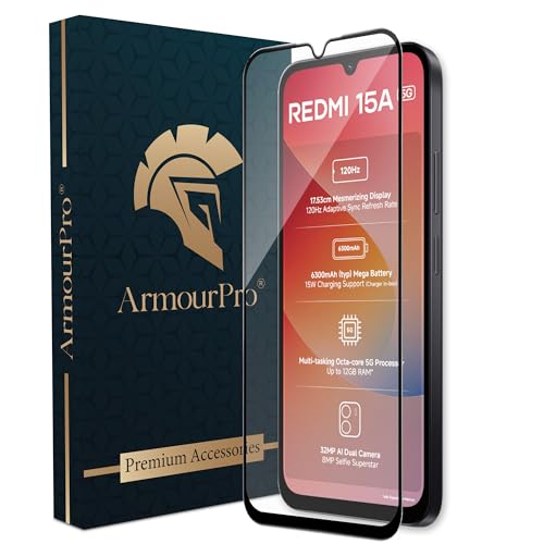 Image of ArmourPro Tempered Glass for Redmi 15A - 9H Screen Protector with Black Border, Anti Scratch, Edge-to-Edge Coverage, HD Clarity, Smooth Touch, Case Friendly | Black