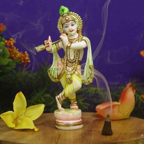Image of Handicrafts Paradise Culture Marble Hand Painted Krishna Intricately Carved Showpiece for Home Decor and Puja - 6 inch
