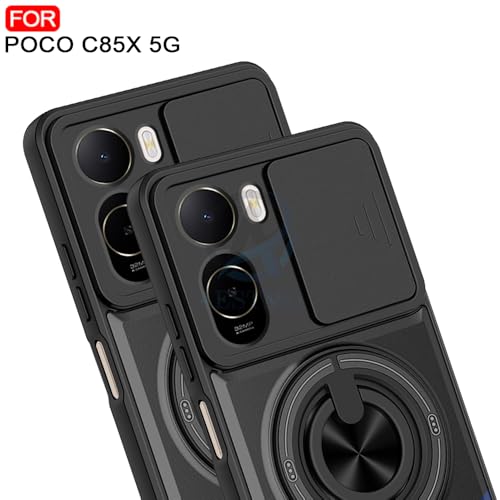 Image of AESTMO Poco C85X 5G Back Cover | Armor Camera Slider 360 Degree Rotating Finger Ring Holder Case with Bracket Stand Back Case Cover (Compatible with MagSafe Accessories) (Black)