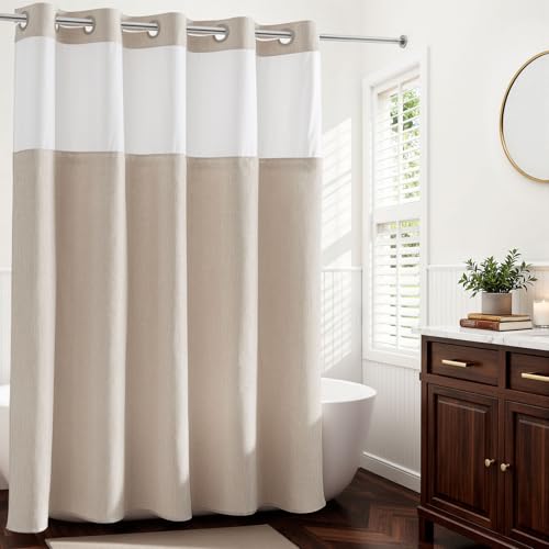 River Dream Linen Textured No Hook Shower Curtain with Snap-in Liner, Farmhouse Quick Dry Fabric Shower Curtain for Bathroom, Rustic Bathroom Set,See-Through Top Window,Water-Repellent,Linen,71Wx77L