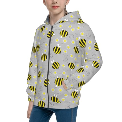 Cheerful Bumble Bees and Daisies Kids Pullover Hoodies Boys Zip Up Sweatshirts Girls Athletic Clothes with Pocket