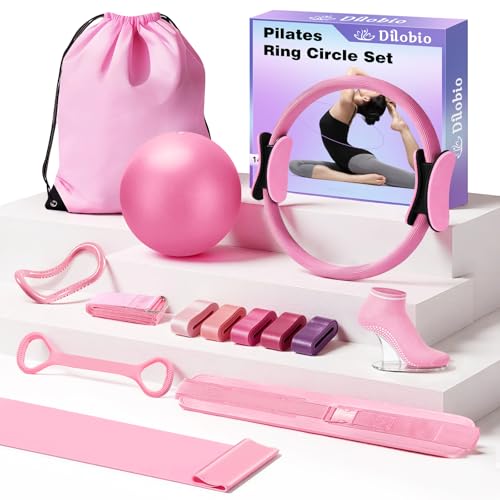 Pilates Kit, Home Pilates Essentials Kit for Women, Pilates Equipment Ring and Ball Set, Magic Circle with 5 Resistance Bands, Hip Thrust Belt & Accessories, Toning Fitness Starter Set