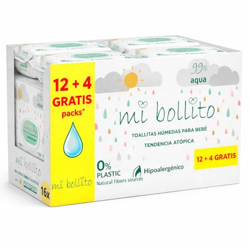 Mi Bollito - Toallitas Bebé - 99% aqua pure - 100% Fibras Vegetales - 960 Toallitas - 12 paquetes+4 gratis - ayudan a restaurar el PH Neutro de la piel del bebé - Ideal para piel Sensible y Atópica.