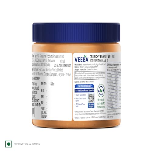 Image of Veeba Peanut Butter Crunchy | High Protein | Naturally Gluten Free | Vegan | No Added Preservatives | Added Calcium, Iron, Vitamin A & D | No Added Colour & Flavour | Non GMO | 320 g