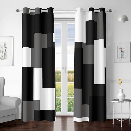 Tyrot Black Grey 100% Blackout Curtains for Bedroom 72 inch Length 2 Panels Set White Grey Modern Abstract Geometric Black Out Curtains Insulated Room Darkening Window Drapes for Living Room