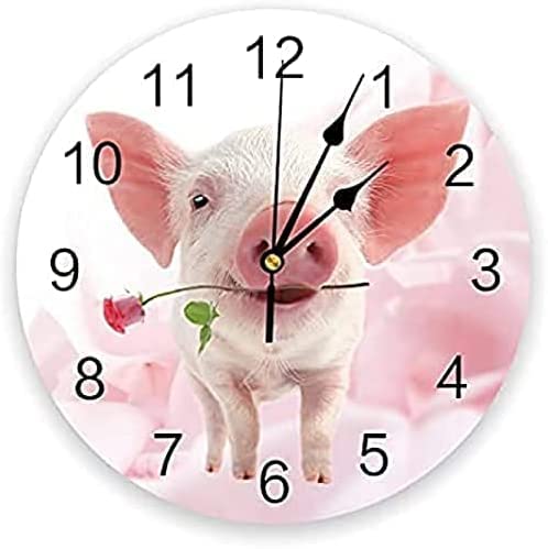 Reloj Pared Pink Pig Flower Rose Relojes de Pared Decoración para el hogar Cocina Moderna Habitación para Adolescentes Dormitorio Sala de Estar Decoración Reloj de Pared Regalos Decorativos Cover