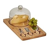 Creative Gifts International 15840 015840 Cheese Board with Glass Dome and 3 Utensils, Natural Wood