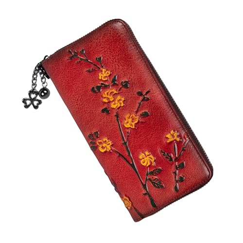 Image of Wallet Genuine Leather for Women - with RFID Blocking Card checkbook ID Slot Large Capacity Vintage style (flower red)