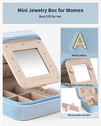 Vlando Velvet Travel Jewelry Case, A Initial Letter Travel Jewelry Box For Women Girls, Small Jewelry Organizer Box With Mirror, Travel Gifts For Women Girls, Mothers Biirthday Valentines Day Gift Ideal (A, Blue) #TOP4