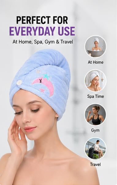 Image of RK Microfibre Hair Drying Towel Wrap, Quick Drying, Soft and Absorbent, Cute Embroidered Design, Button Closure (2)