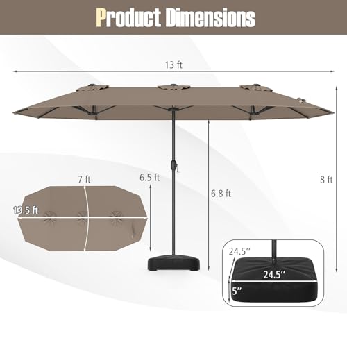 Image of Tangkula 13FT Double-sided Patio Umbrella, Extra Large Twin Table Umbrella with Crank Handle, Umbrella Base, Safety Lock, Air Vent, Outdoor Market Umbrella for Garden Pool Backyard (Tan)