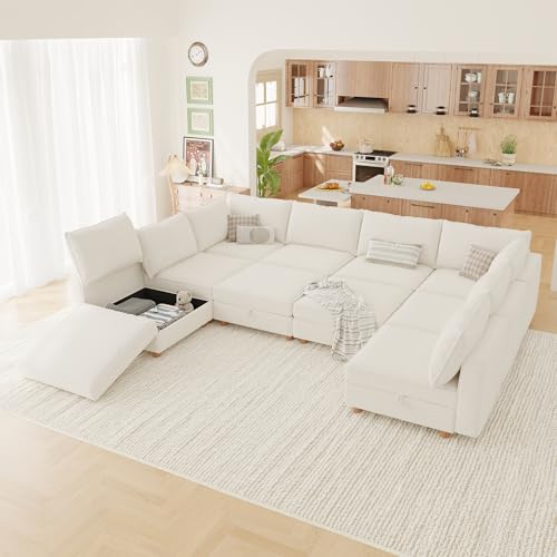 Image of 128 inch Modular Sectional Sleeper Sofa Bed with Storage & Washable Covers, 10-Seater Chenille Modular Sofa Bed with Movable Ottoman Chaise, Convertible Sleeper Sectional Couches for Living Room, Beige