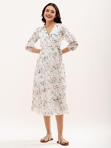 Image of AASK Abstract Printed Puff Sleeve Gathered Detailed Fit Flare Dress