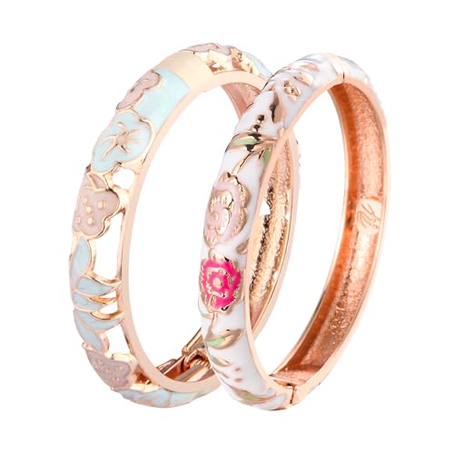UJOY Cloisonne Bracelet Lotus Flower Gold Plated Cuff Bangle Enameled Jewelry Bracelets Gift for Women Pack in Case 88B16