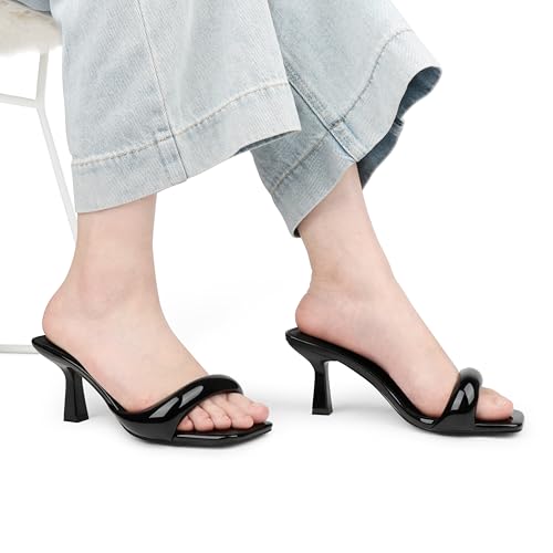 Image of Women's Kitten Heels Sandals 2.76 Inch Square Toe Stiletto One-Strap Heeled Sandals Slip-On Mule Heels for Women