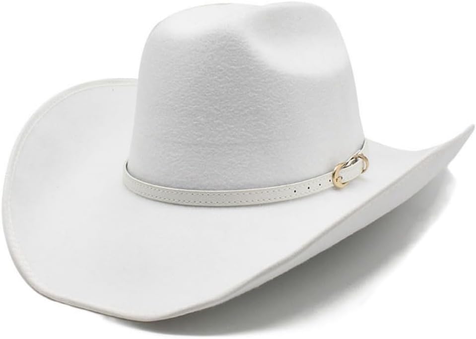 Western Wool Felt Cowboy Hat, White, 2-inch Brim, 5-inch Crown, Leather Band