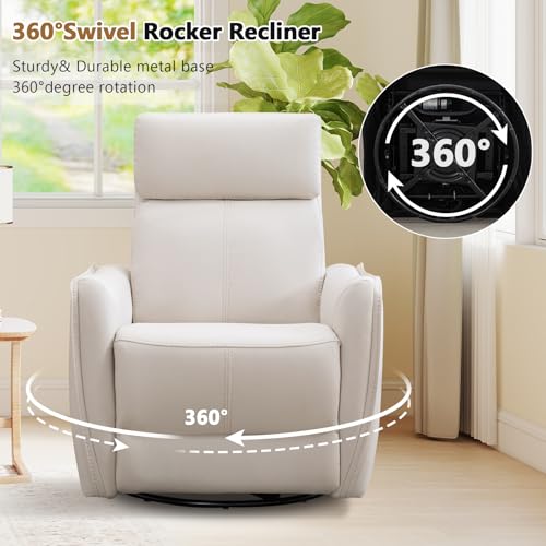 Image of HAOMARKETS Electric Swivel Rocker Recliner Chair, Power Faux Leather Glider Rocking Recliners for Adults,360 Swivel Nursery Reclining Sofa with USB Charging Port, White