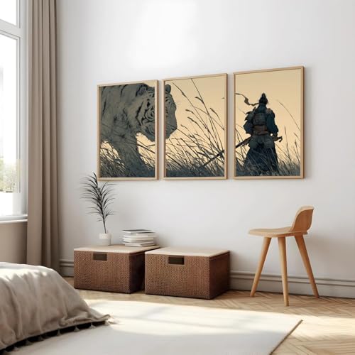 Image of Gamya Framed Japan Samurai Theme Wall Painting Posters For Office, Living Room, Bedroom Wall Decor - Japanese Japandi Samurai Aesthetic Room Decor (Tiger & Samurai (B), 19x29 Inches, Framed)