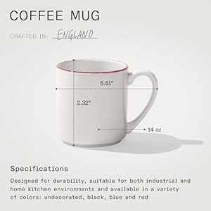 Made In Cookware - Set of 4 - Coffee Mug Set - 12 oz - White With Red Rim - Porcelain England - Dishwasher and Microwave Safe Made In Cookware Set of 4 Coffee Mug Set 12 oz White With Red Rim Porcelain England Dishwasher and Microwave Safe