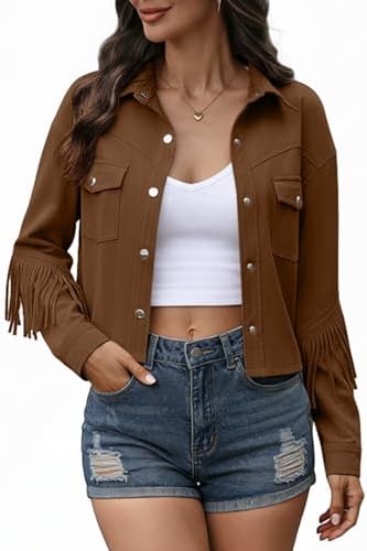 Women's Fringe Faux Suede Jacket Crop Collar Drop Shoulder Long Sleeve Button Jackets Flap Pockets Oversized