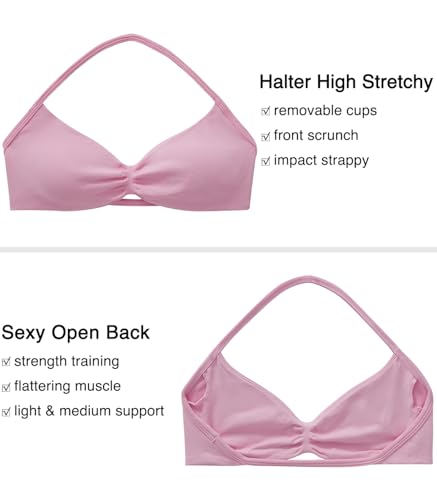 Image of OMKAGI Halter Sports Bras for Women Padded Strappy Bra Open Back Workout Gym Crop