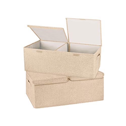 Image of 2 Pack Storage Boxes with Lids and Handles, Collapsible Linen Storage Bins Organizer Containers Baskets Cube with Removable Divider for Home Bedroom Closet Office (Khaki, Small)