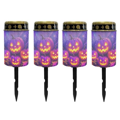 Image of Poceacles Halloween Solar Candle Cemetery Solar Lights for Grave LED Garden Flameless Powered Pathway Lights Outdoor Waterproof with Dusk to Dawn Sensor, Pumpkin Violet, Set of 4