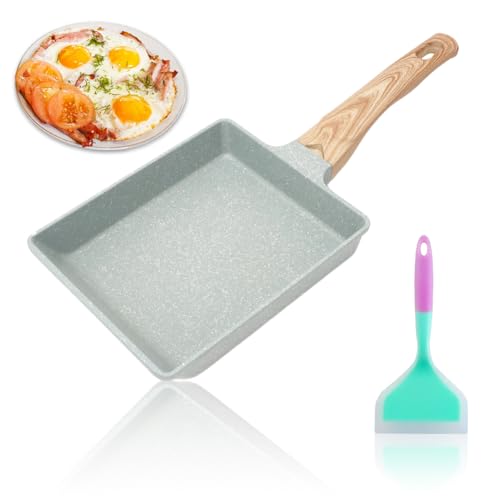 Yuragim Pfanne Antihaft Omlettenpfanne,Japanisches Omelette Pfanne Set - Pfanne Rechteckig mit Holzgriff,für Induktion & Gasherd,Silikonspatel,Home Küche, Eiern, Speck,20 x 16 cm (Grün)
