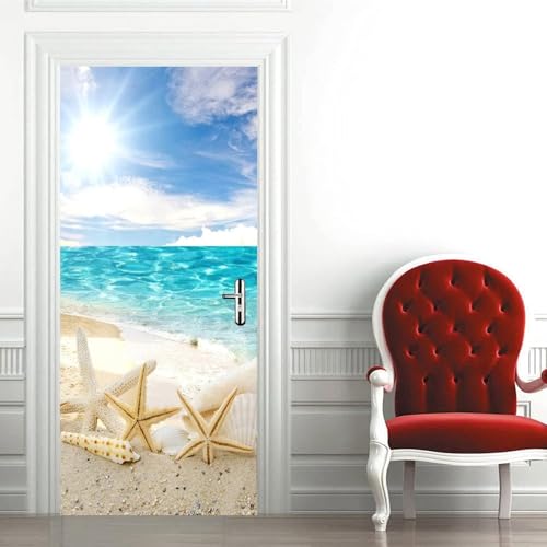 Pegatinas Puerta 3D Conchas de Estrellas de Mar Pegatinas para Puertas de Paisaje Oceánico Vinilo Decorativo Pegatina Pared Mural para Puerta Autoadhesivas Papel Pintado Puerta 80x210 cm B-4415