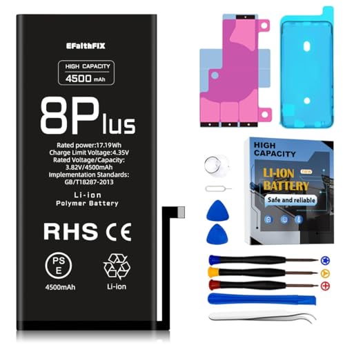 EFAITHFIX 4500mAh Upgraded Replacement Battery Compatible with iPhone 8 Plus High Capacity New 0 Cycle A+ Battery Replacement for iPhone 8 Plus Model A1864 A1897 A1898 with Complete Repair Tool Kit