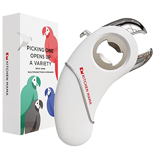 Kitchen Mama Epic One Ouvre-Bouteilles Multifonctions - Ouvre les Bouteilles avec Bouchons à Vis & Capsule, Canettes, Languettes & Bocaux - Ergonomique, Adapté aux Mains Arthritiques - Blanc