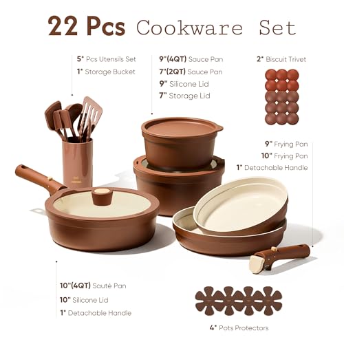 Image of CAROTE 22Pcs Ceramic Cookware Set, Pots and Pans Set Non Stick Removable Handles, Non Toxic Cookware Oven /Dishwasher Safe, Induction Cookware, Gift Set, NonStick Cookware Set with Kitchen Essentials
