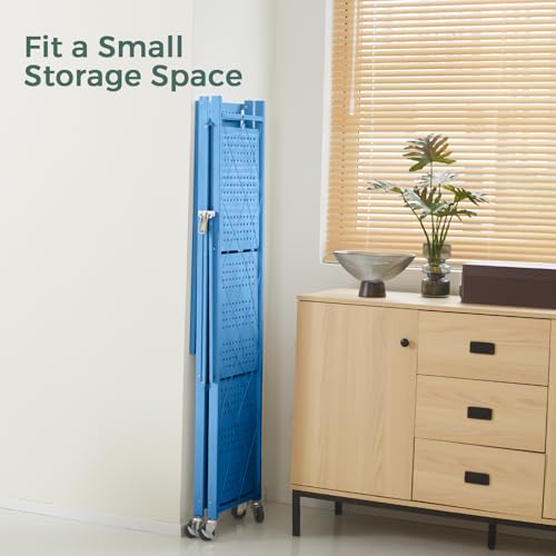 Image of DEANIC 4 Tier Foldable Storage Shelves with Wheels, Large Capacity Shelving Unit, Freestanding Metal Wire Shelf Rack, No Assembly Organizer Rack for Garage Kitchen, Basement(Blue)