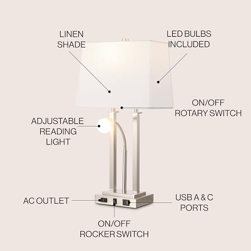 JONATHAN Y 23.75" Nickel 2-Light Modern Farmhouse LED Table Lamp with USB, White Linen Shade, AC Outlet, Adjustable Reading Light for Bedside Nightstand and Living Room (JYL1144C) by JONATHAN Y - Used condition - Image 2